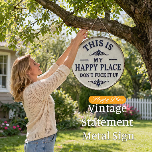 ✨Happy Place – Opvallend vintage metalen bord