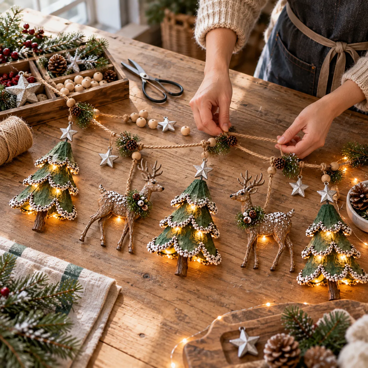 Verlichte kerstslinger met bosmotief