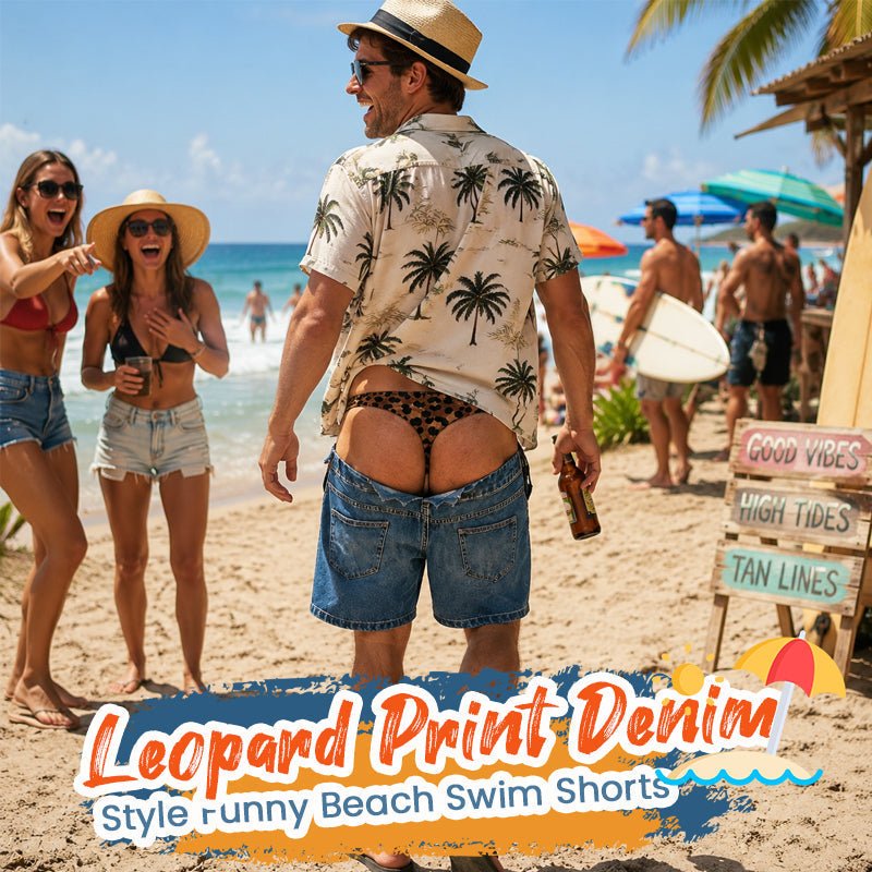 Grappige zwemshort met luipaardprint in faux-denim | Originele zwemshort met optische illusie