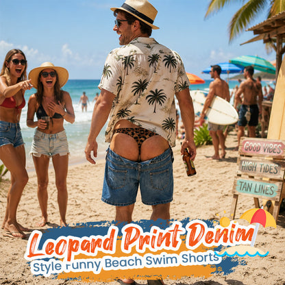 Grappige zwemshort met luipaardprint in faux-denim | Originele zwemshort met optische illusie