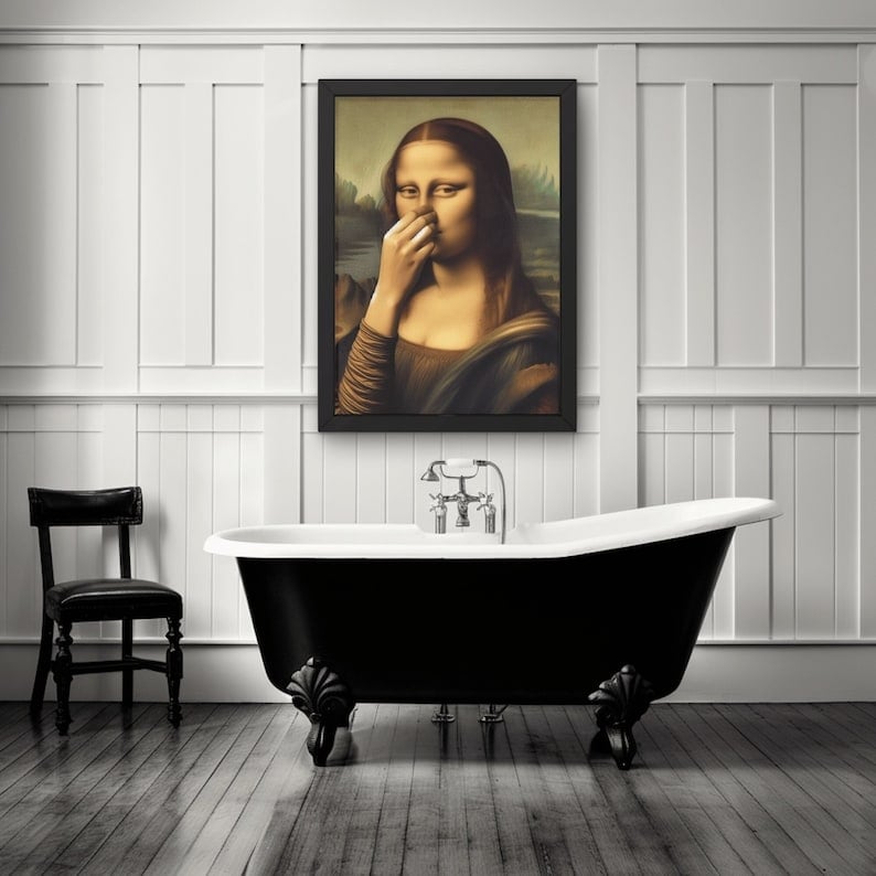 Artistieke decoratie die de Mona Lisa imiteert, leuke vintage decoratie voor de badkamer
