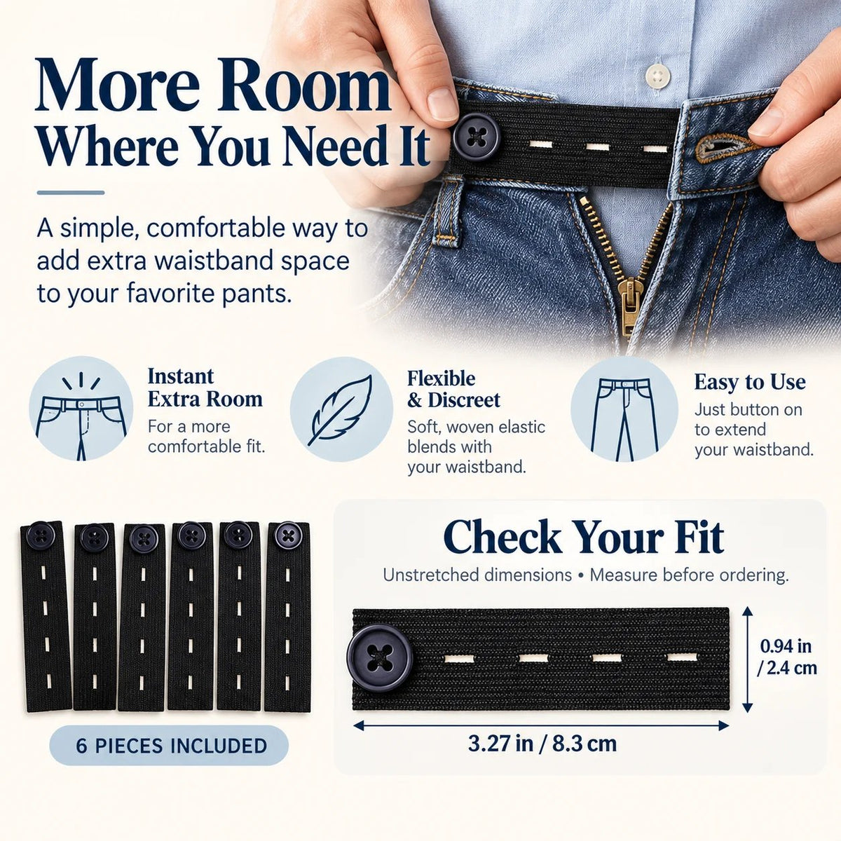 👖 Knopen voor het verlengen van een elastische tailleband – verstelbaar voor extra comfort, set van 6 stuks