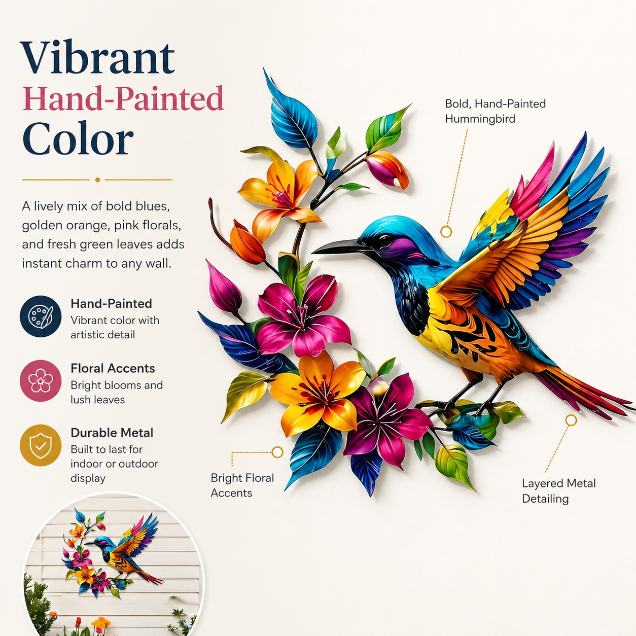 Hummingbird Bloom – metalen wanddecoratie