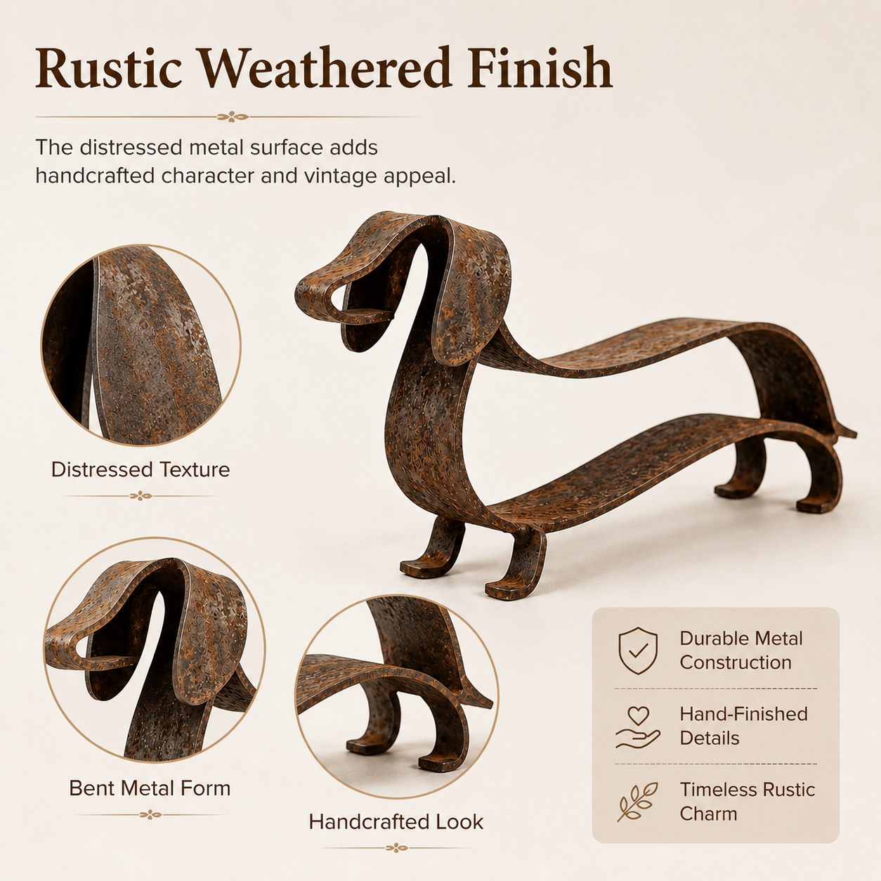 Rustieke metalen sculptuur van een teckel
