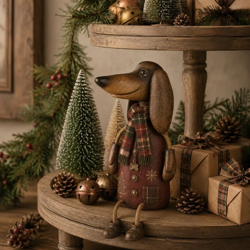 🎄 Vintage kerstfiguren van een teckel voor op de plank | Feestelijke hondendecoratie