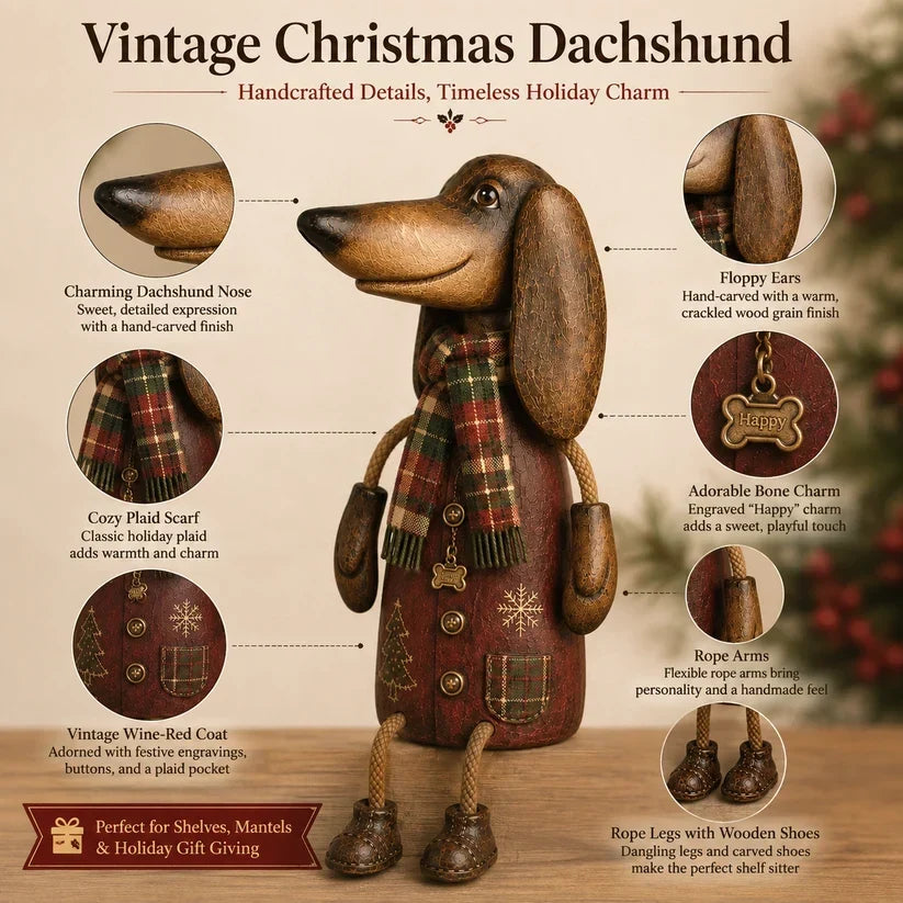 🎄 Vintage kerstfiguren van een teckel voor op de plank | Feestelijke hondendecoratie
