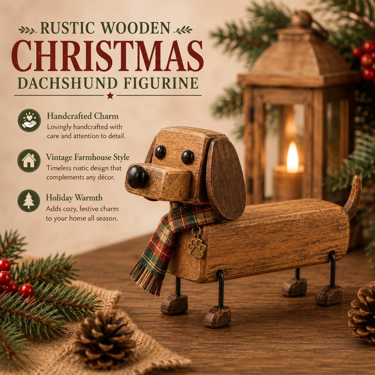 ✨Rustiek houten kerstfiguurtje in de vorm van een teckel