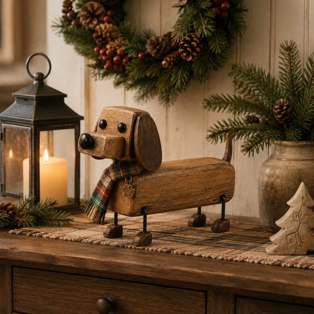 ✨Rustiek houten kerstfiguurtje in de vorm van een teckel