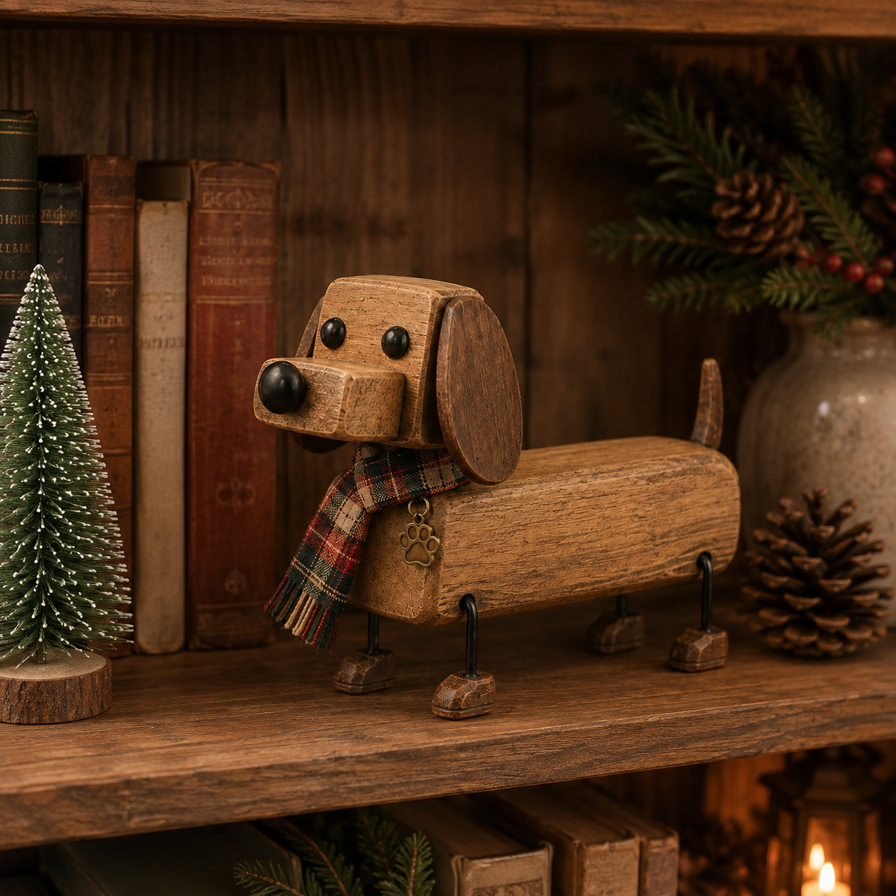 ✨Rustiek houten kerstfiguurtje in de vorm van een teckel