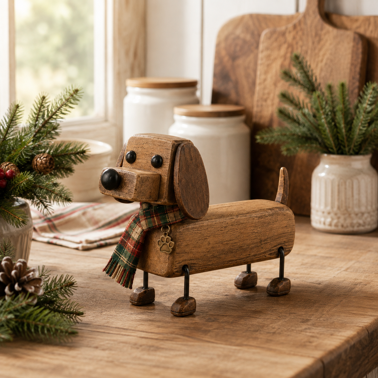 ✨Rustiek houten kerstfiguurtje in de vorm van een teckel