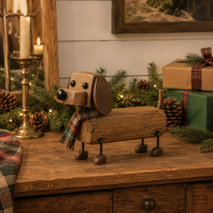 ✨Rustiek houten kerstfiguurtje in de vorm van een teckel