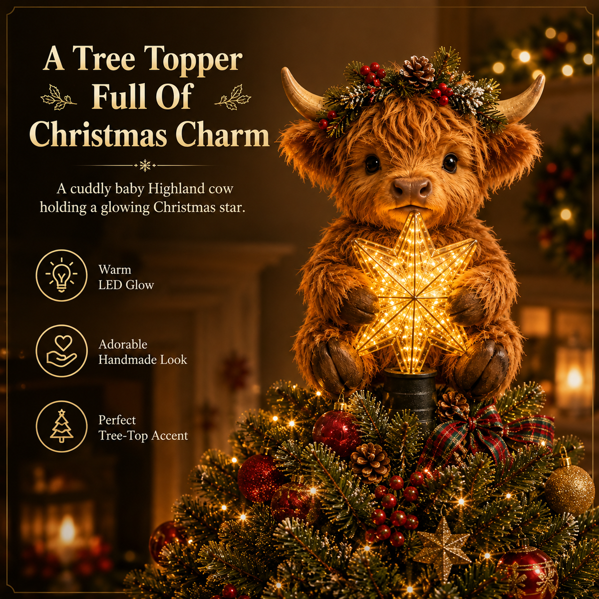 🎄Baby-Highland-koe als stralende ster als boomversiering✨