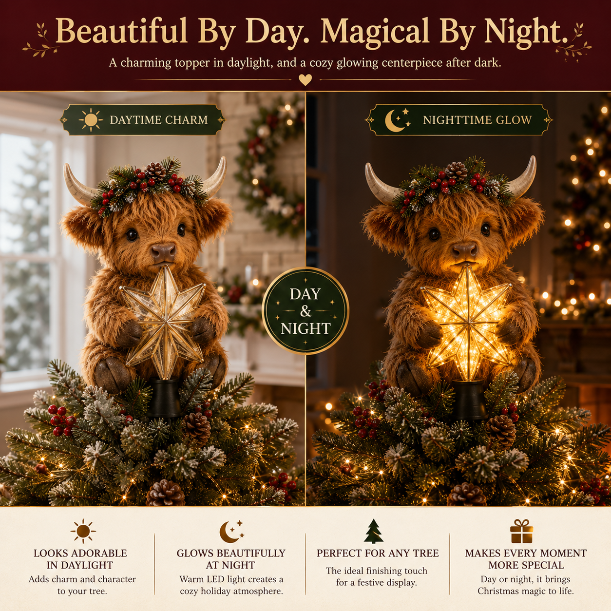 🎄Baby-Highland-koe als stralende ster als boomversiering✨