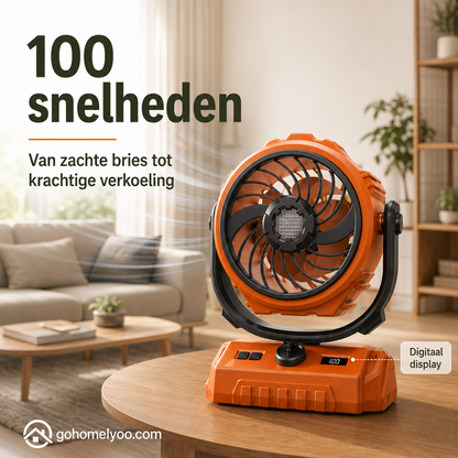 🌬️ 6-inch kampeerventilator met 100 snelheidsstanden – oscillerend, met ledverlichting, digitaal display en grote accu voor buiten en thuis